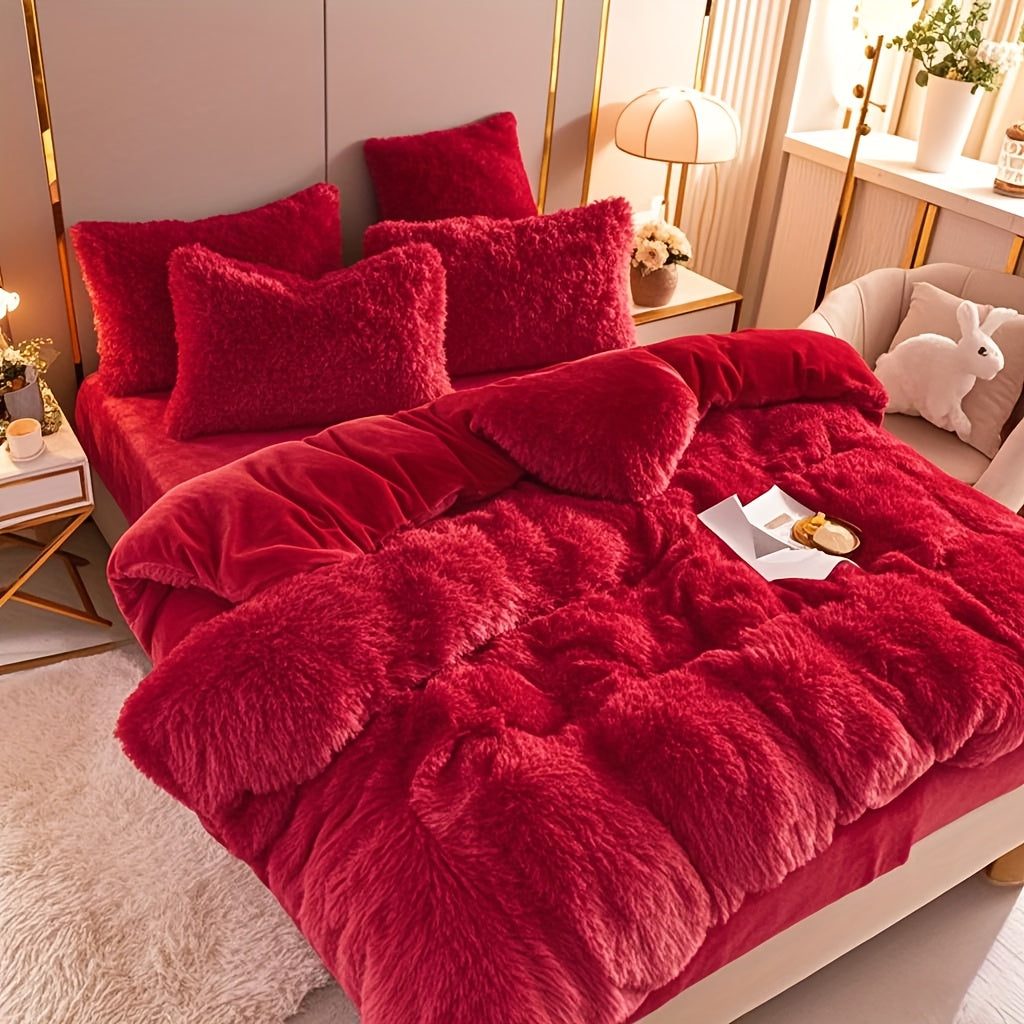 Fluffy Bedding Set 4pcs Soft Warm Plush Duvet Cover with Pillowcases Queen King - Cozy Autumn Winter Comforter Set 8 Colors