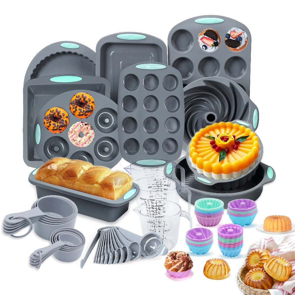 Silicone Bakeware Set with Cake Molds, Muffin Pan, Donut Pan, Baking Sheet, Baking Cups & Measuring Cups Spoons, Complete Nonstick Silicone Baking Set for Oven, 45-Piece 53-Piece or 83-Piece Options