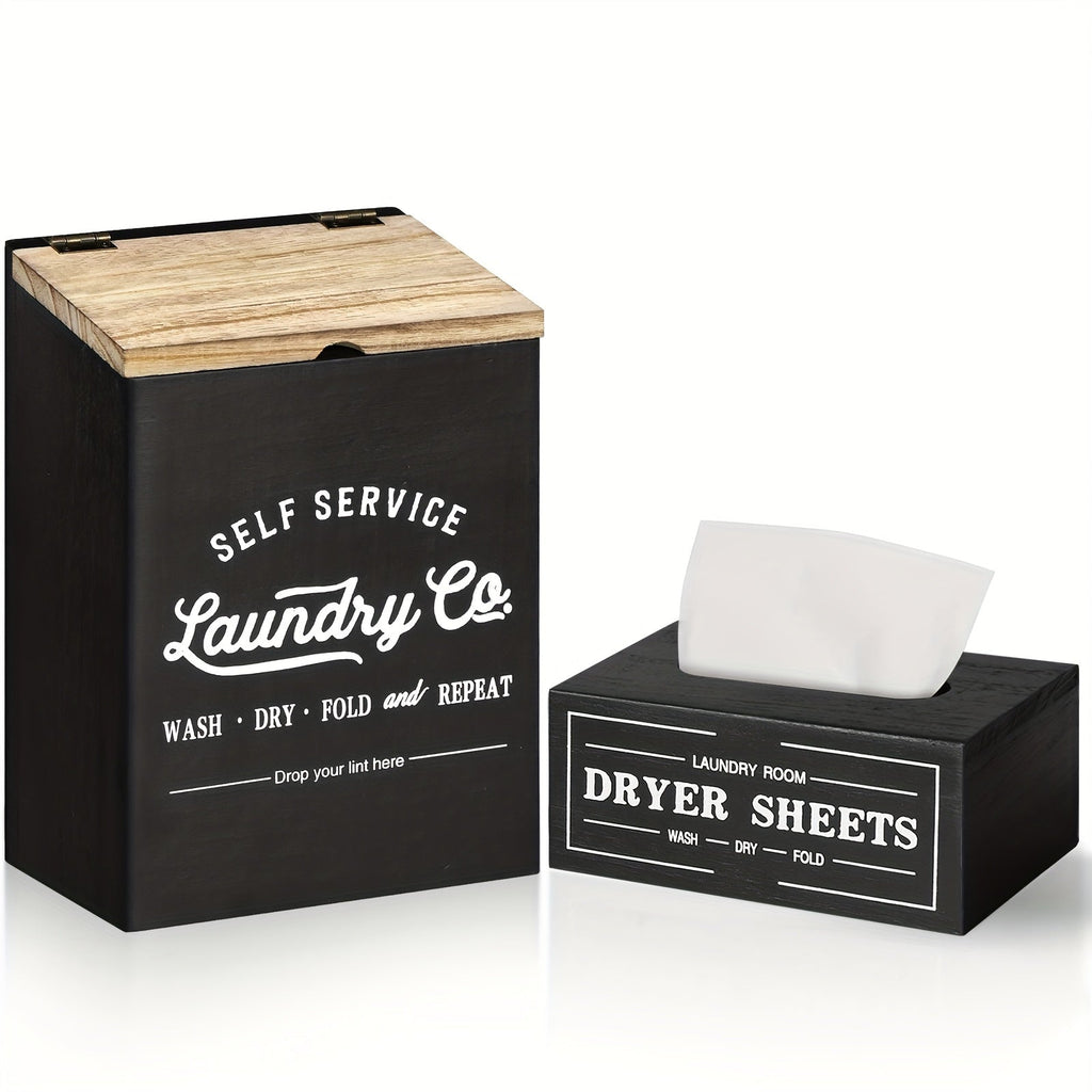 Magnetic Lint Holder & Dryer Sheet Dispenser 2-Pack, Farmhouse Wooden Lint Trash Can with Lid for Dryer, Wall Mount Dryer Sheet Box Organizer for Laundry Room Decor, Magnetic Laundry Organizer Set