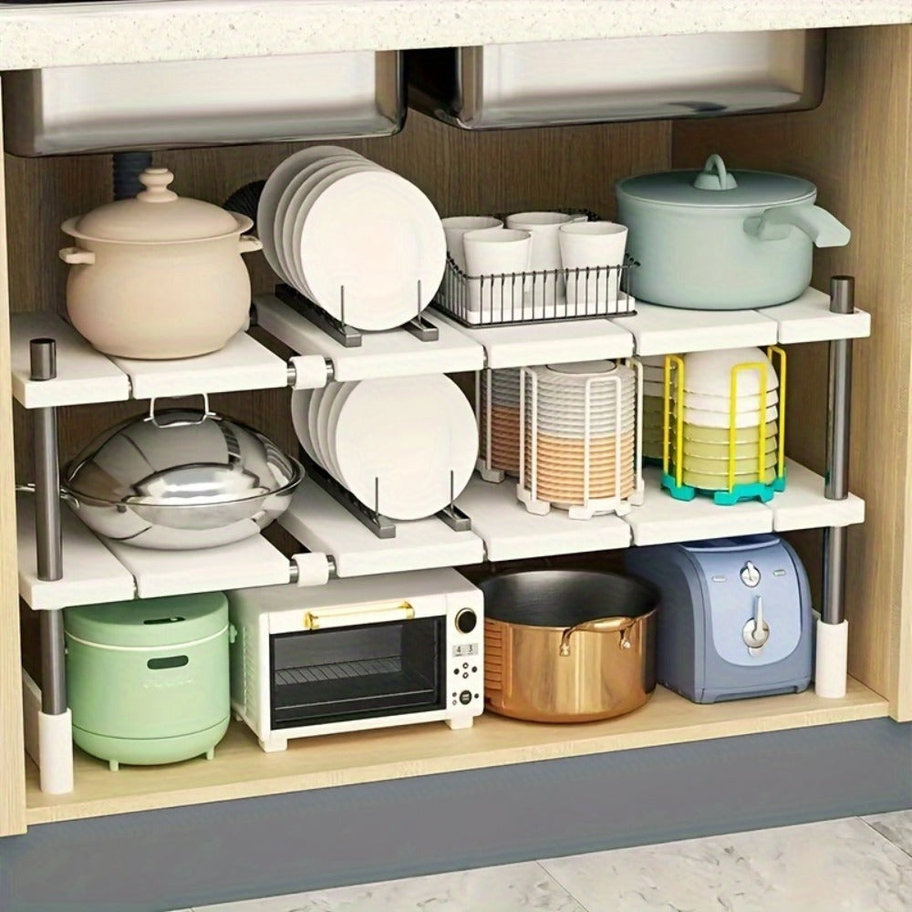 Under Sink Organizer Adjustable - Stainless Steel and Plastic Cabinet Storage Shelf for Kitchen and Bathroom, Space Saving Single Layer Rack for Pots Cleaning Supplies and Toiletries, Multi-Functional Under Cabinet Organizer and Storage