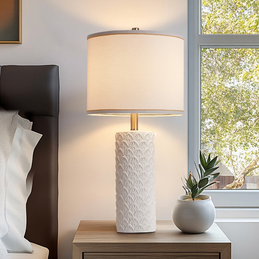 Ceramic Table Lamp ¨C Modern Farmhouse Bedside Lamp with Drum Shade, 3 Color Temperature, Knob Switch, 9W LED Bulb Included, Rustic Nightstand Desk Light for Bedroom Living Room Office Dorm (Multiple Colors)