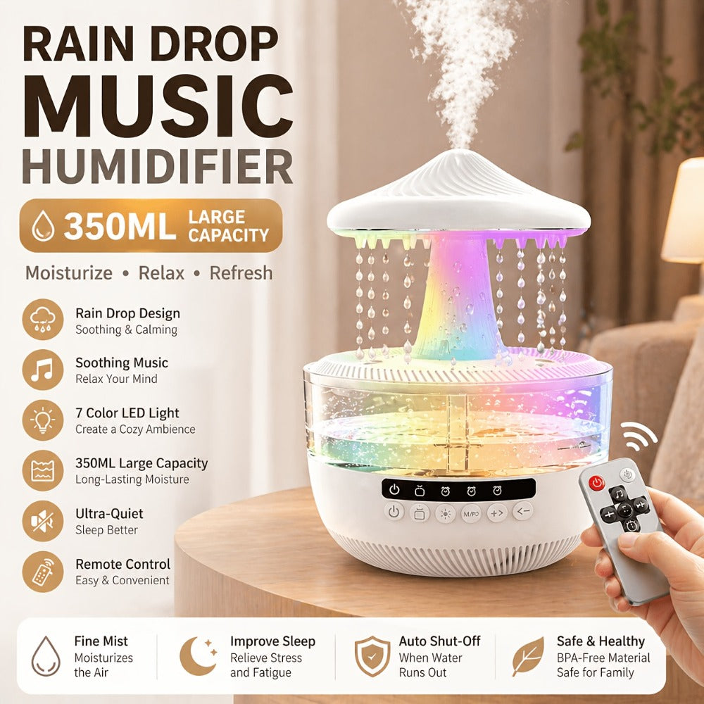 Raindrop Humidifier with LED Color-Changing Light & Wireless Music | 11.83oz Large Tank, Dual Control, Essential Oil Compatible, Cool Mist for Bedroom, Valentine's & Garden Decor | White