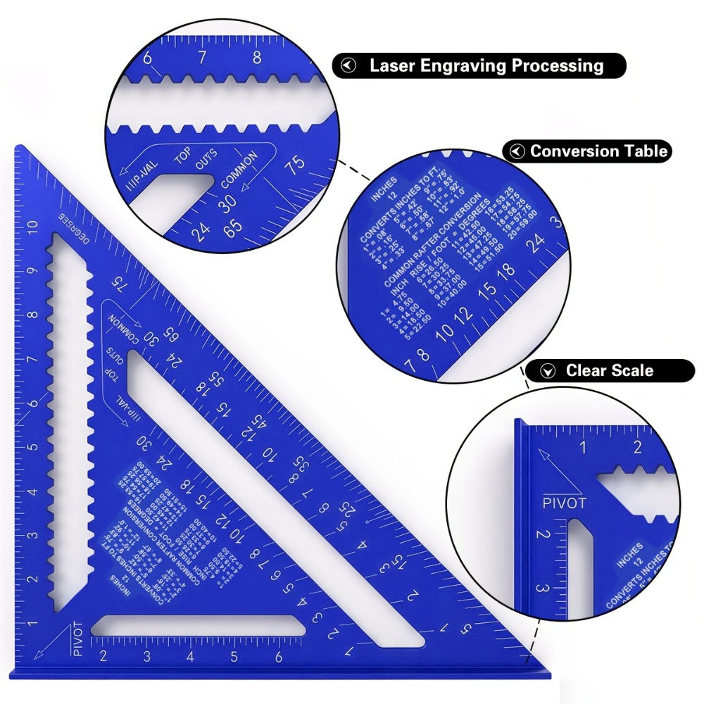 Aluminum Triangle Square Ruler 12 Inch Woodworking Angle Measuring Marking Tool with Protractor and Metric Scale for DIY Home Improvement