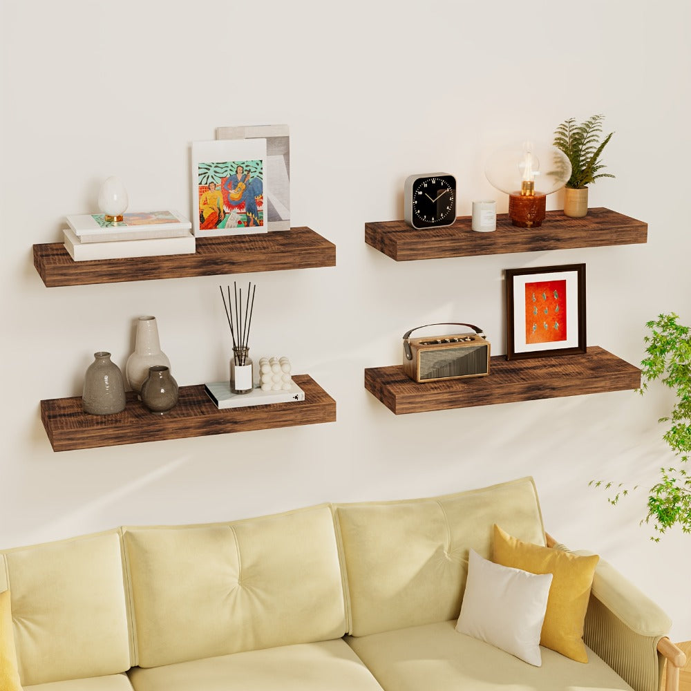 Floating Shelves for Wall 4/8pcs 15.8 Inch, Rustic Wood Wall Shelves with Invisible Brackets, Wall Mounted Display Shelf for Home Decor, Living Room, Bedroom, Bathroom ¨C Walnut, Brown, Black, White, Gray