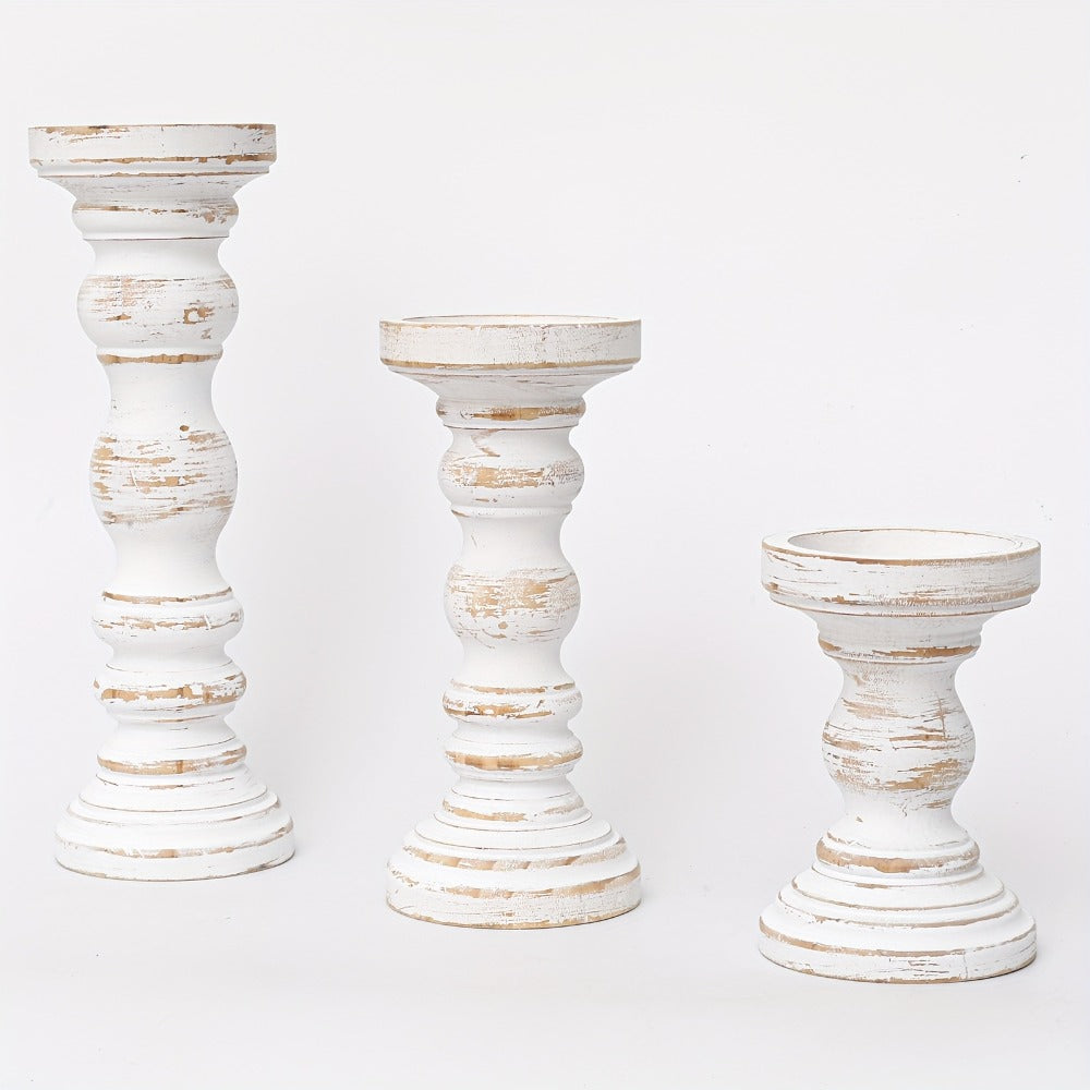 Wood Pillar Candle Holder Set of 3 - Farmhouse Rustic Wooden Candlestick Holders for Pillar Candles, Tiered Tray Decor, Table Centerpiece, Mantel Shelf Home Decor, White Black Brown