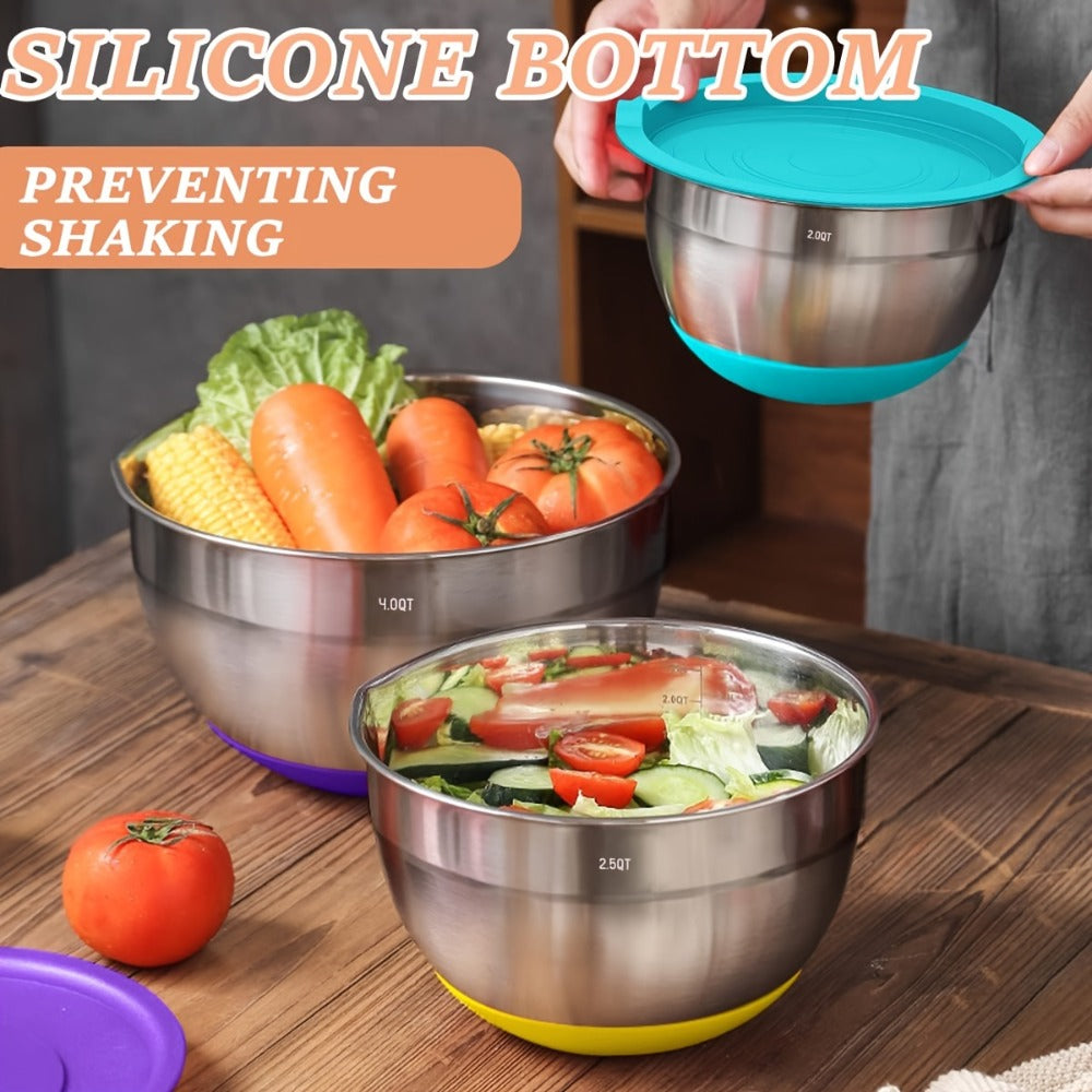 Mixing Bowls Set with Airtight Lids ¨C 26pcs Stainless Steel Bowl Set with 3 Grater Attachments, Non-Slip Bottoms, Sizes 1¨C7QT ¨C Kitchen Bowls for Mixing, Serving, Baking & Meal Prep