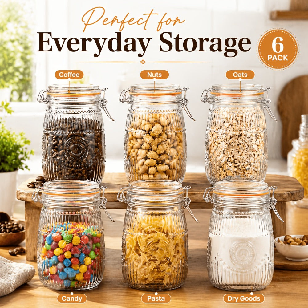 Mason Jars 6 Pack 32oz Wide Mouth Airtight Glass Canister Set with Hinged Lids Vintage Sunflower Pattern Kitchen Storage Jars for Coffee Sugar Beans Spices Dry Goods Pantry Organization