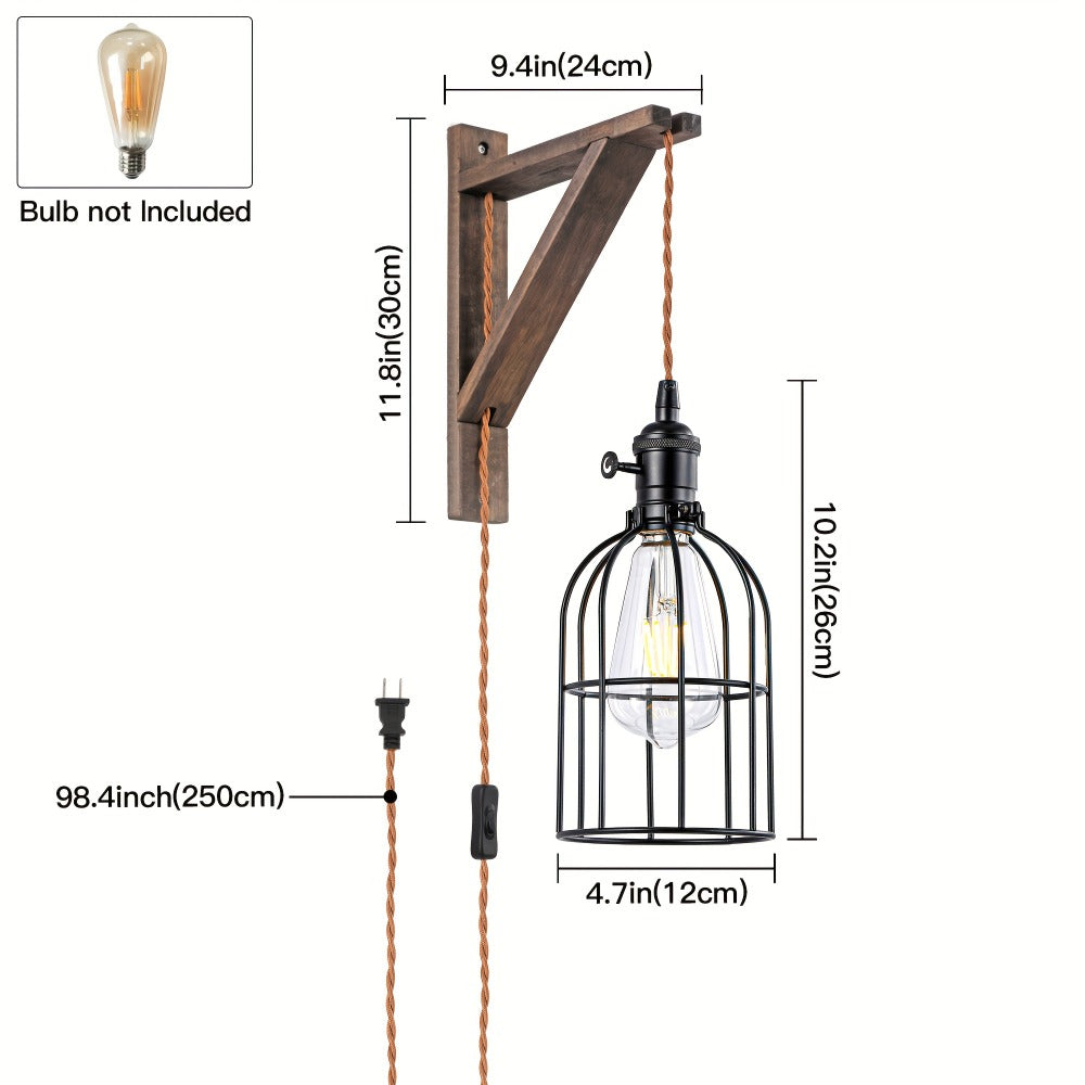 Plug In Wall Sconces Set of 2 or 1 ¨C Rustic Farmhouse Wall Lamp with Metal Cage & Wooden Bracket, Plug-Into-Outlet Hanging Light for Bedroom, Living Room & Headboard