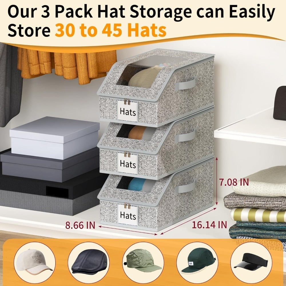 3-Pack Stackable Hat Organizer Box for Baseball Caps with Clear Window Lid, Foldable Cap Storage Holder for Closet Bedroom Shelf