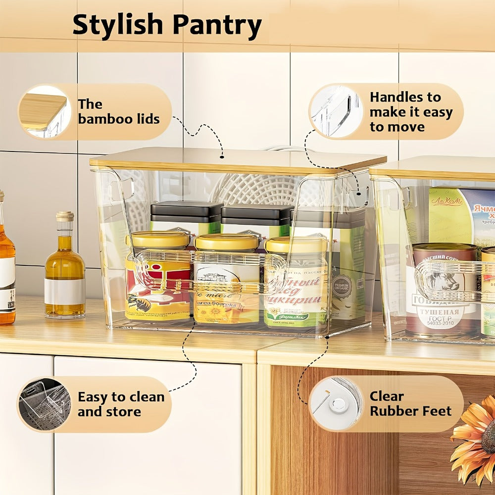 Stackable Kitchen Food Storage Organizer Boxes Clear Acrylic 2 Pack | Extra Large Transparent Produce Storage for Onions Potatoes Fruits Vegetables | Cabinet Pantry Space Saver with Garbage Bags