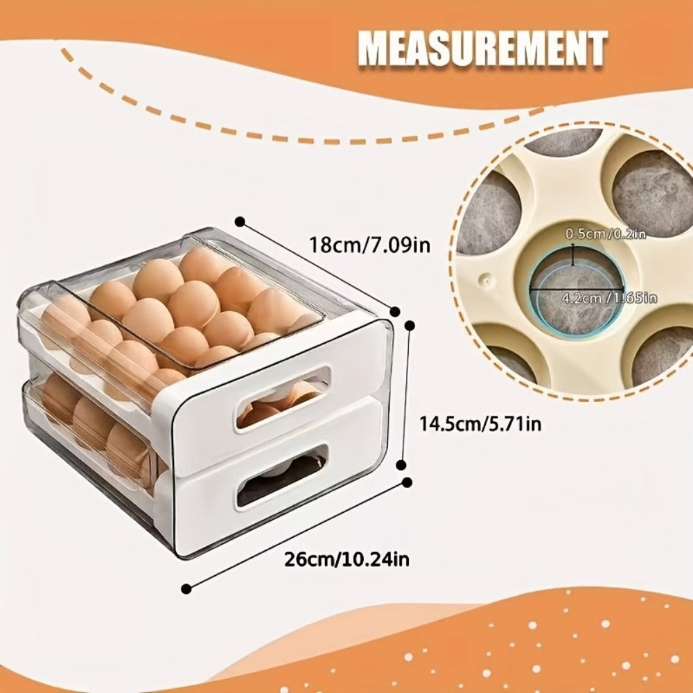 Egg Storage Container 32 Grid Double Layer with Drawer | Fridge Egg Holder Organizer | Sturdy PET+PP Stackable Egg Tray for Refrigerator, Keeps Eggs Fresh & Organized