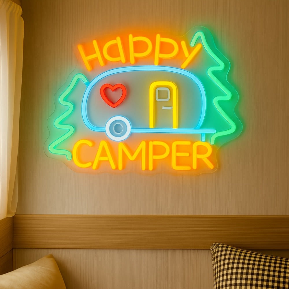 Happy Campers Neon Sign LED Wall Light | Illuminated RV Camper Decor Sign for Campsite Bedroom Man Cave Bar Party Polychrome Glowing Gift for Campers
