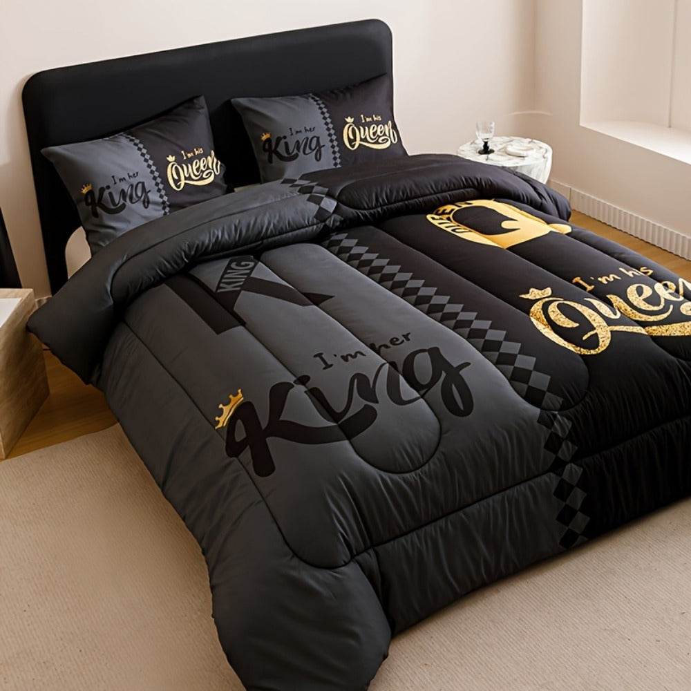 Comforter Set 3-Piece ¨C Soft Breathable Quilt with 2 Pillowcases, Black Grey Color Block Crown Letter Print, Twin Full Queen King, 180GSM Bedroom Bedding Set