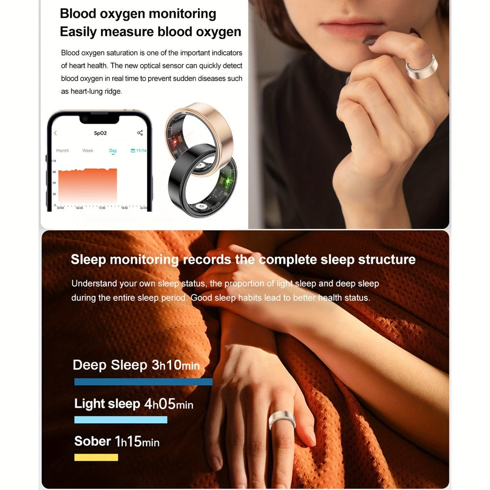 Health Monitoring Smart Ring for Women & Men ¨C Fitness Activity Tracker with Sleep, Calories, Steps, HRV & Menstrual Cycle, Bluetooth 5.3, IP68 Waterproof, iOS & Android