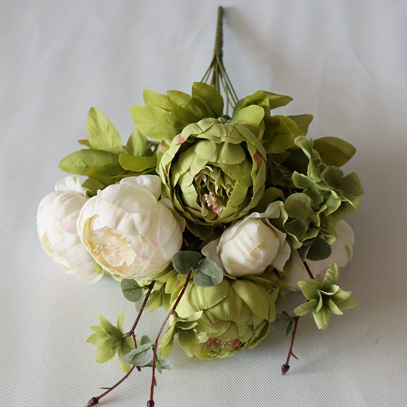 Faux Peony & Hydrangea Bouquet ¨C Vintage Artificial Flowers for Wedding Centerpiece, Bridal Bouquet, Home Decor, Rustic Beige Green Floral Arrangement for Table Vase Living Room & Event Decor