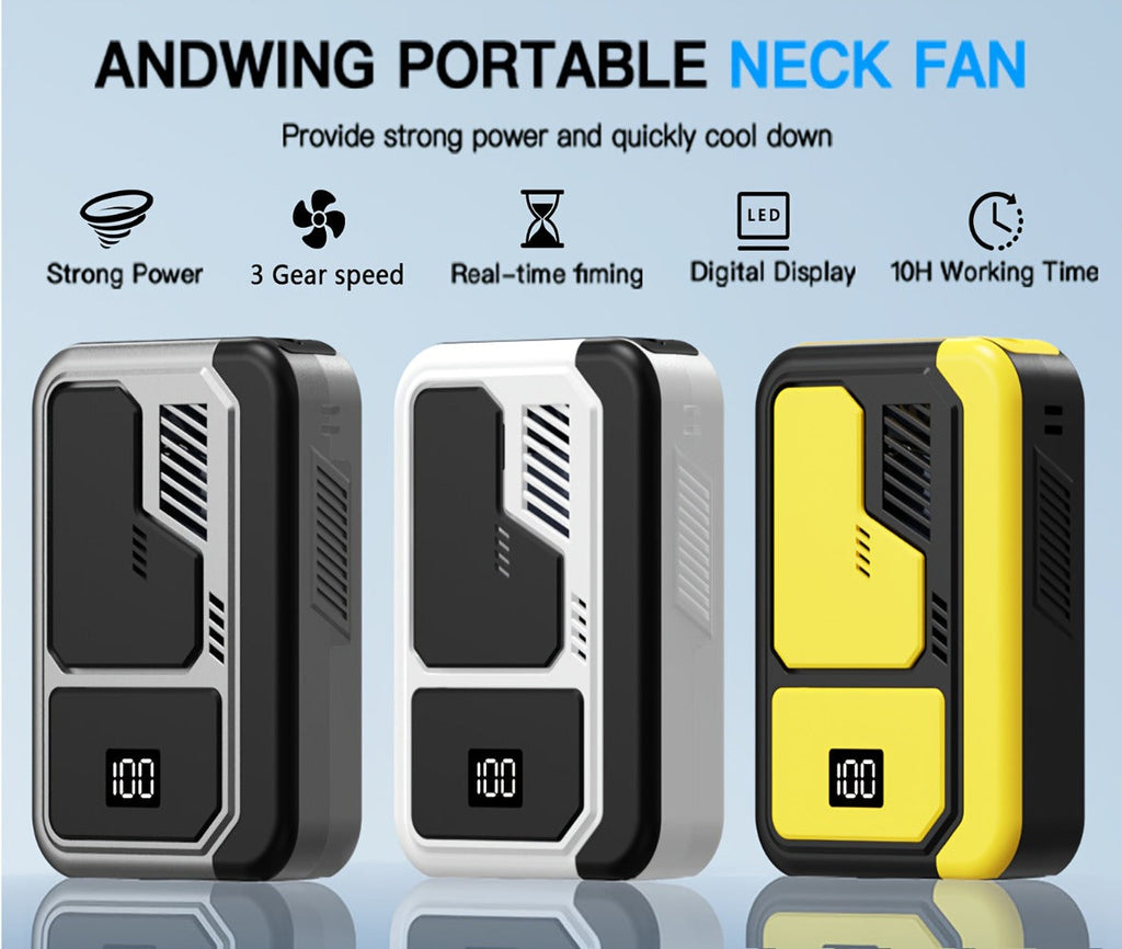 Neck Fan Portable Wearable, 3000mAh Battery Hands-Free Personal Fan 3 Wind Speeds Digital Display, USB Rechargeable Bladeless Neck Fan for Outdoor Camping Fishing Hiking Travel Sports, Silver Yellow White