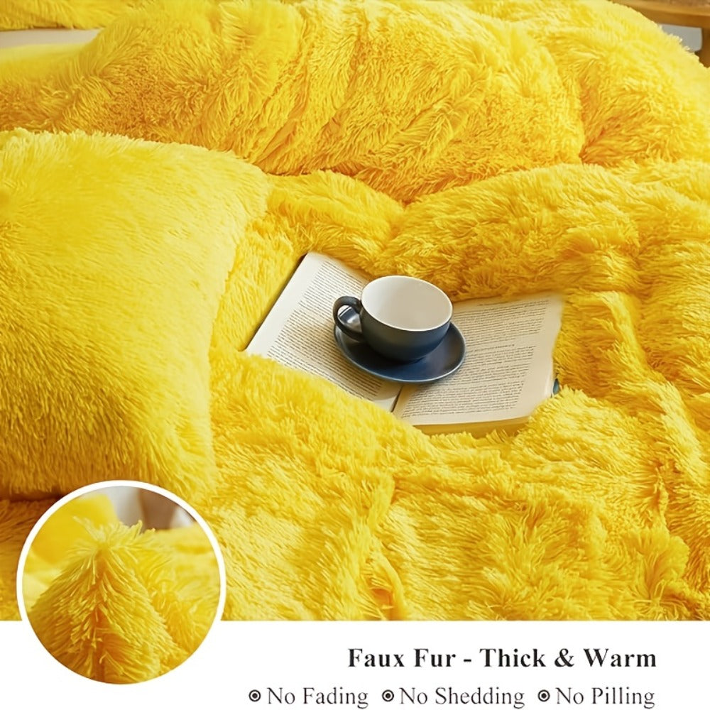 Fluffy Bedding Set 4pcs Soft Warm Plush Duvet Cover with Pillowcases Queen King - Cozy Autumn Winter Comforter Set 8 Colors