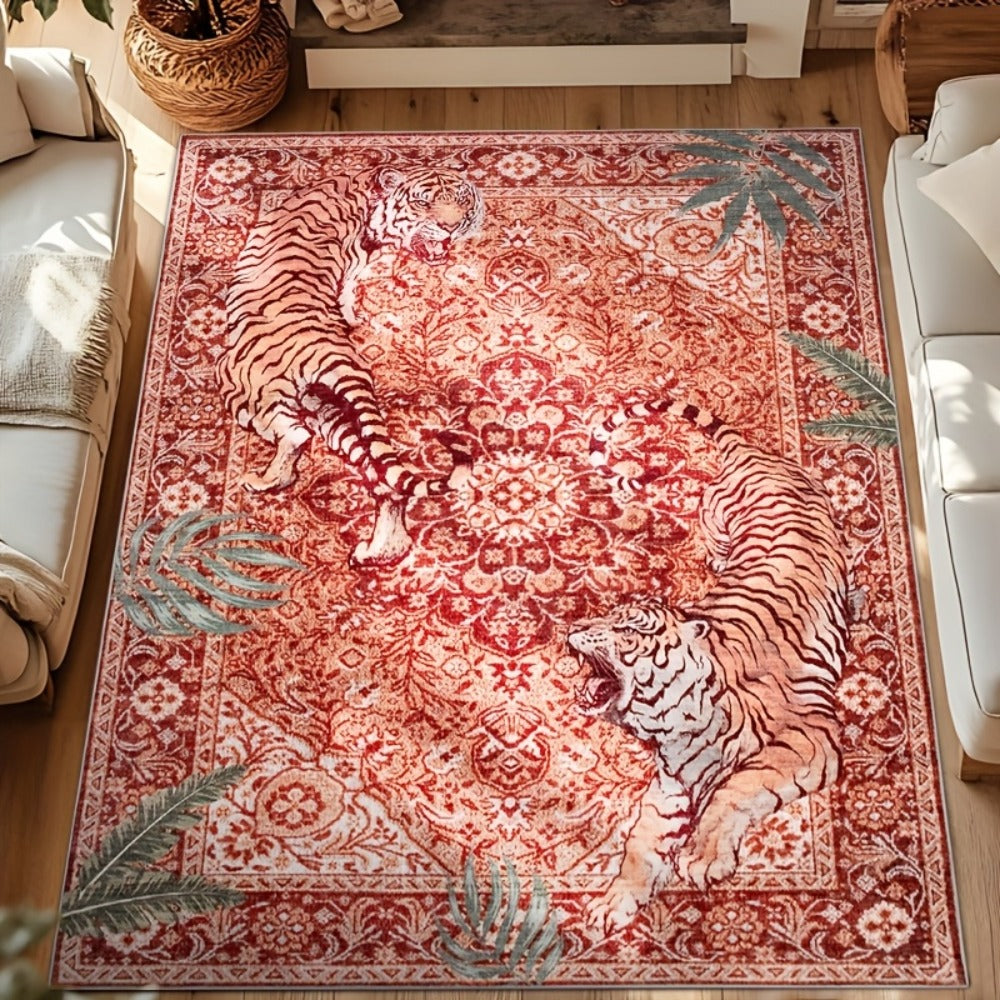 Tiger Print Rug Washable Non-Slip Area Rug - Jungle Forest Design Ultra-Thin Indoor Carpet for Living Room Bedroom Home Office, Red Green Beige, 5x7 6x9 8x10 9x12ft