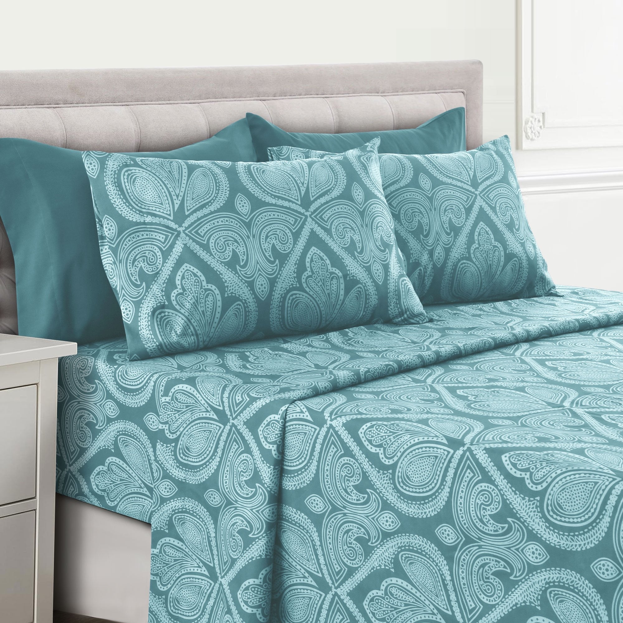 Paisley Bed Sheet Set 4 6 Piece 100% Brushed Microfiber Deep Pocket Fitted Sheet Soft Wrinkle Free Cooling Breathable Twin Full Queen King Cal King