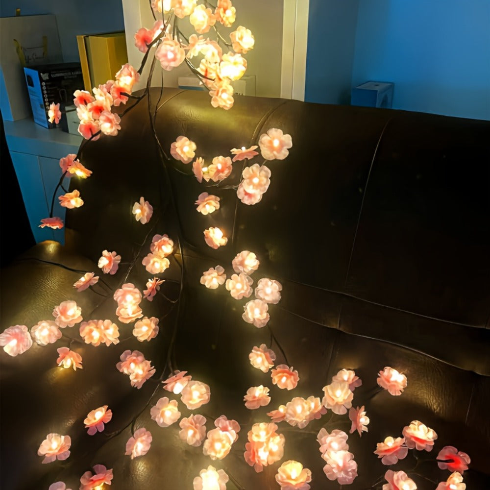 LED Cherry Blossom Chandelier Rattan String Lights USB 8 Modes Indoor Outdoor Holiday Decoration