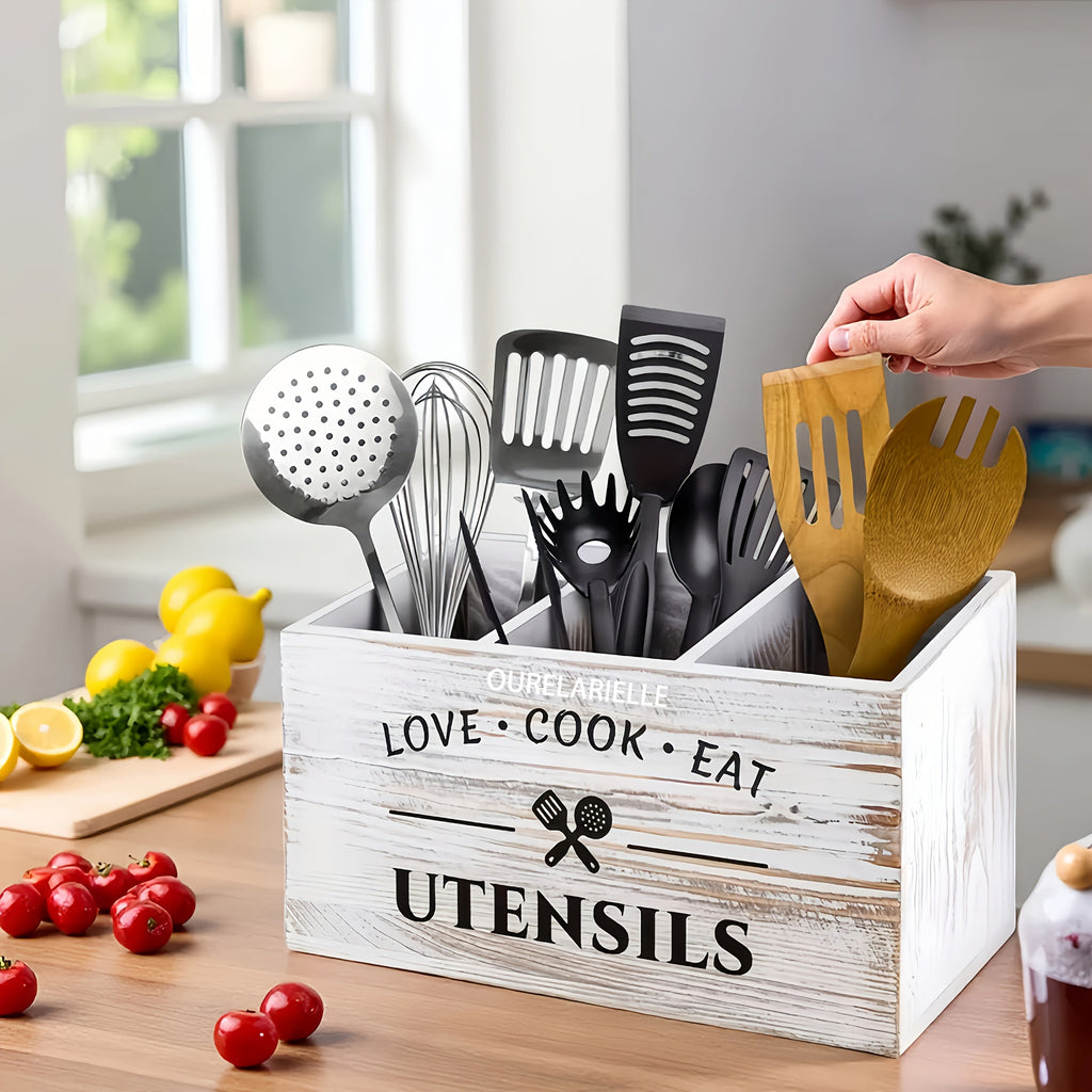Wooden Cutlery Storage Box with Grid Compartments Chopstick Organizer Rack with Metal Accents for Kitchen Drawer Bedroom Desk Home Organization in Natural White Black