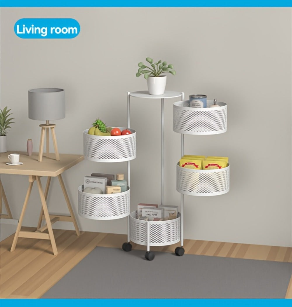 Rotating Storage Rack Multi-Tier Rolling Cart ¨C 360¡ã Swivel Round Floor Standing Organizer with 4 or 5 Layers, Vegetable Basket & File Rack for Kitchen, Bathroom, Office & Living Room (Black / White)