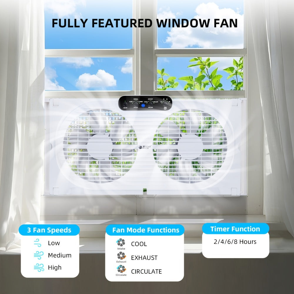 Window Fan 9 Inch Twin Expandable Dual Fan, 3-Speed with Remote Control or Manual Control, Reversible Airflow Indoor Window Fan for Bedroom, Living Room, Kitchen and Office