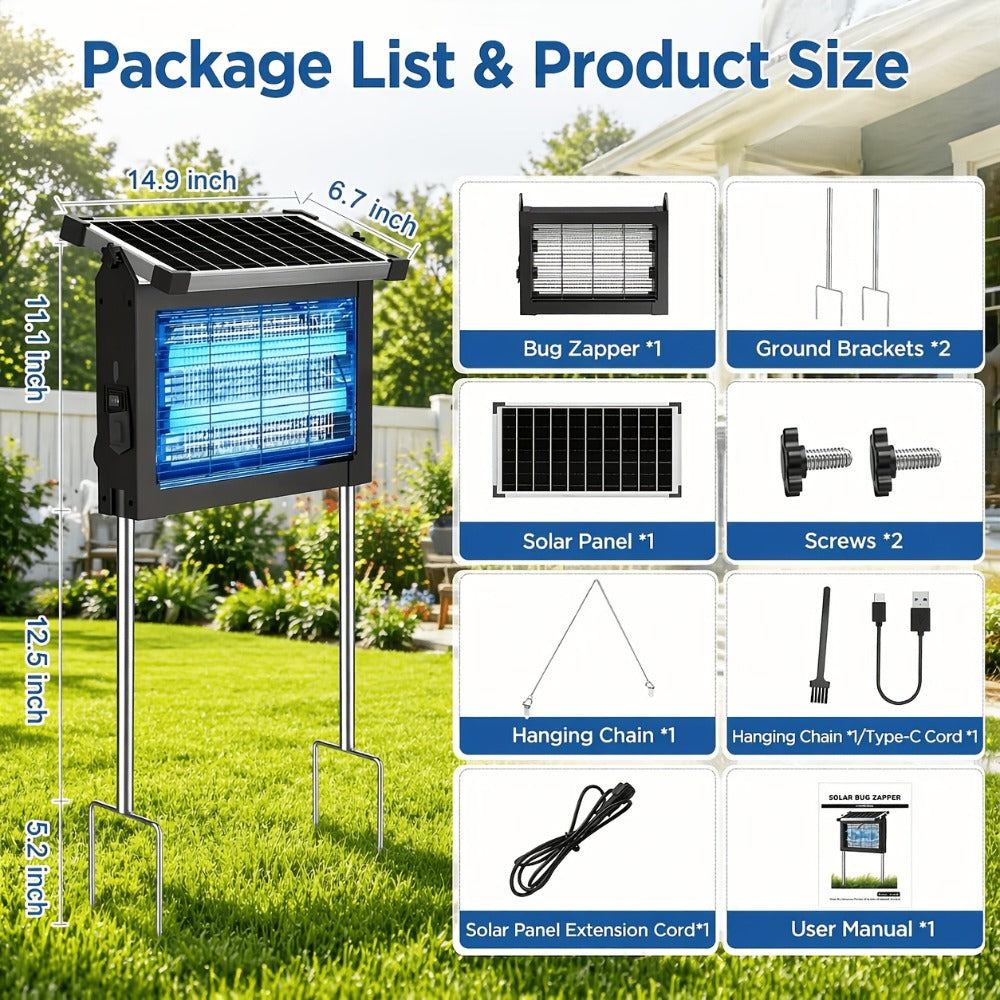 Solar Bug Zapper Outdoor 4200V ¨C Solar Powered Mosquito Killer with Auto/Manual Dual Mode, 2100 Sq.Ft Coverage, 12H Runtime, 3-Way Charging, 10FT Cord, Safe for Family & Pets, for Patio, Garden & Camping