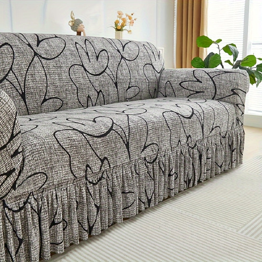 Printed Sofa Cover with Skirt Elastic Four Seasons Universal Furniture Protective Slipcover for Bedroom Office Living Room - 1 2 3 4 Seater Gray