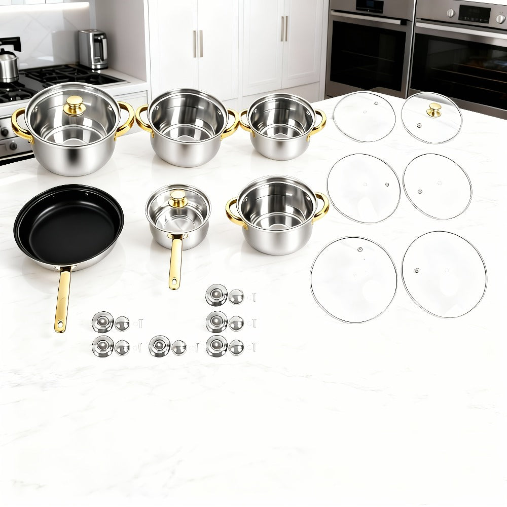 Stainless Steel Deep Pot Cookware Set 10 & 12 Piece with Lids & Dual Handles ¨C Oven Safe Soup Hot Pot Pasta Seafood Stew Pots | Silver Pink Gold | Home Restaurant Cooking Gift Set