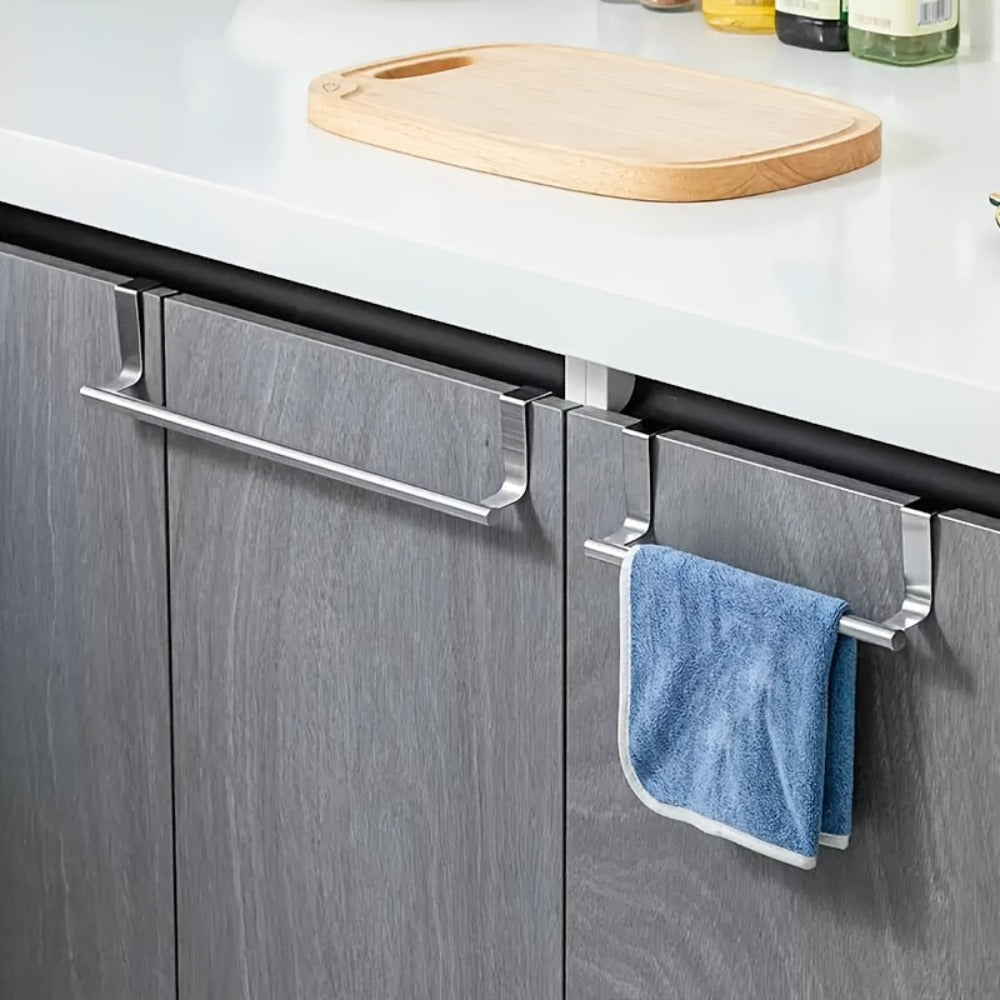 Cabinet Door Towel Bar Stainless Steel 2pcs Set - Over the Door Hand Towel Hanger Rack No Drilling | Black Silver | Kitchen Bathroom Cupboard Dishcloth Organizer Bathroom Accessories