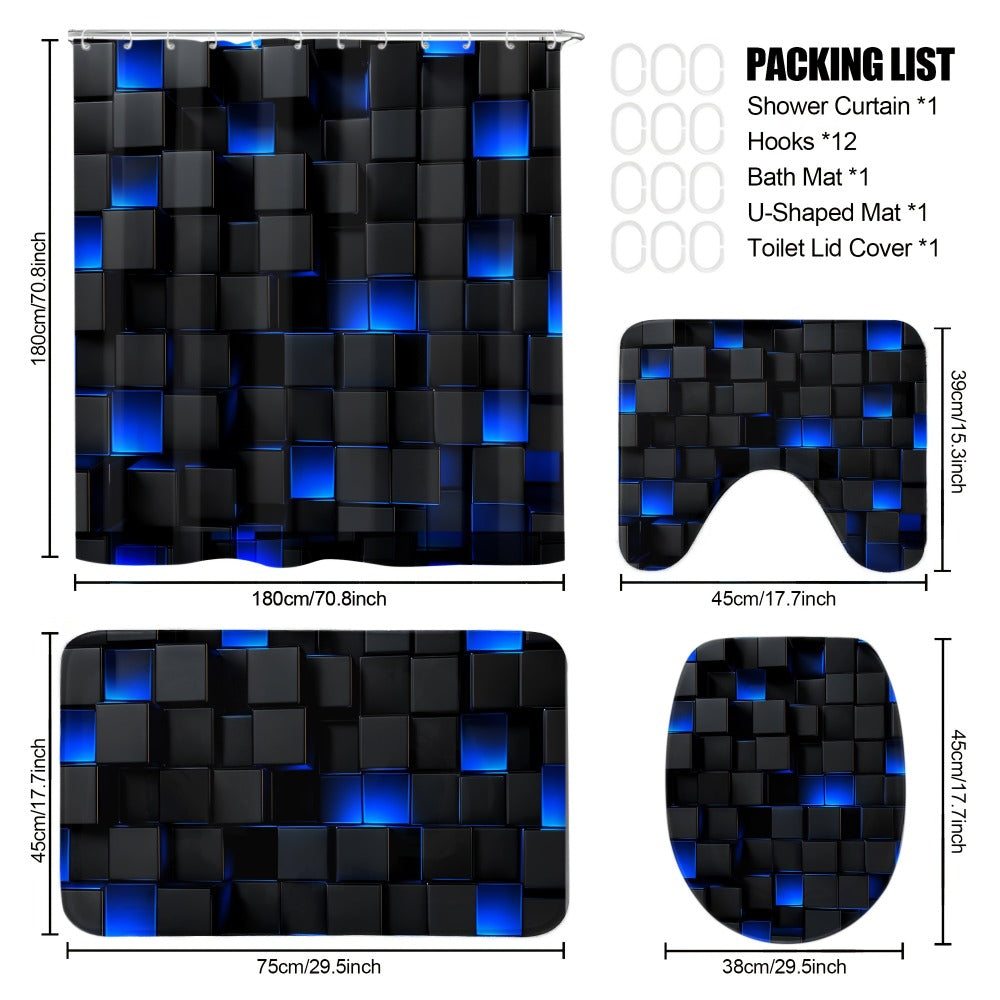 Shower Curtain Set with 12 Hooks & Toilet Seat Cover, 4-Piece Bathroom Set Dark Blue Geometric Abstract Cube Pattern, Modern Waterproof Bath Curtain Set for Bathroom Decor