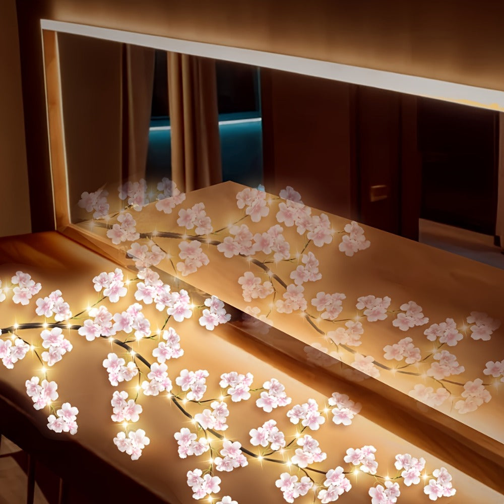 LED Cherry Blossom Chandelier Rattan String Lights USB 8 Modes Indoor Outdoor Holiday Decoration