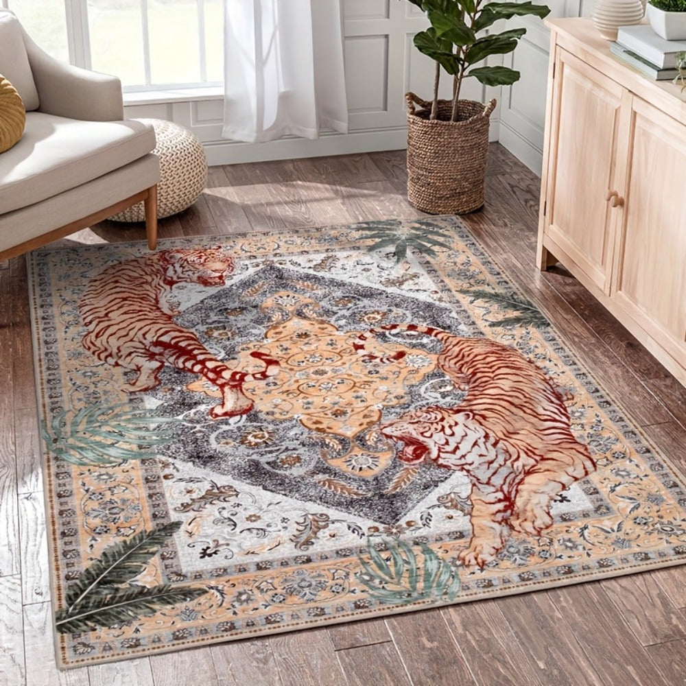 Tiger Print Rug Washable Non-Slip Area Rug - Jungle Forest Design Ultra-Thin Indoor Carpet for Living Room Bedroom Home Office, Red Green Beige, 5x7 6x9 8x10 9x12ft