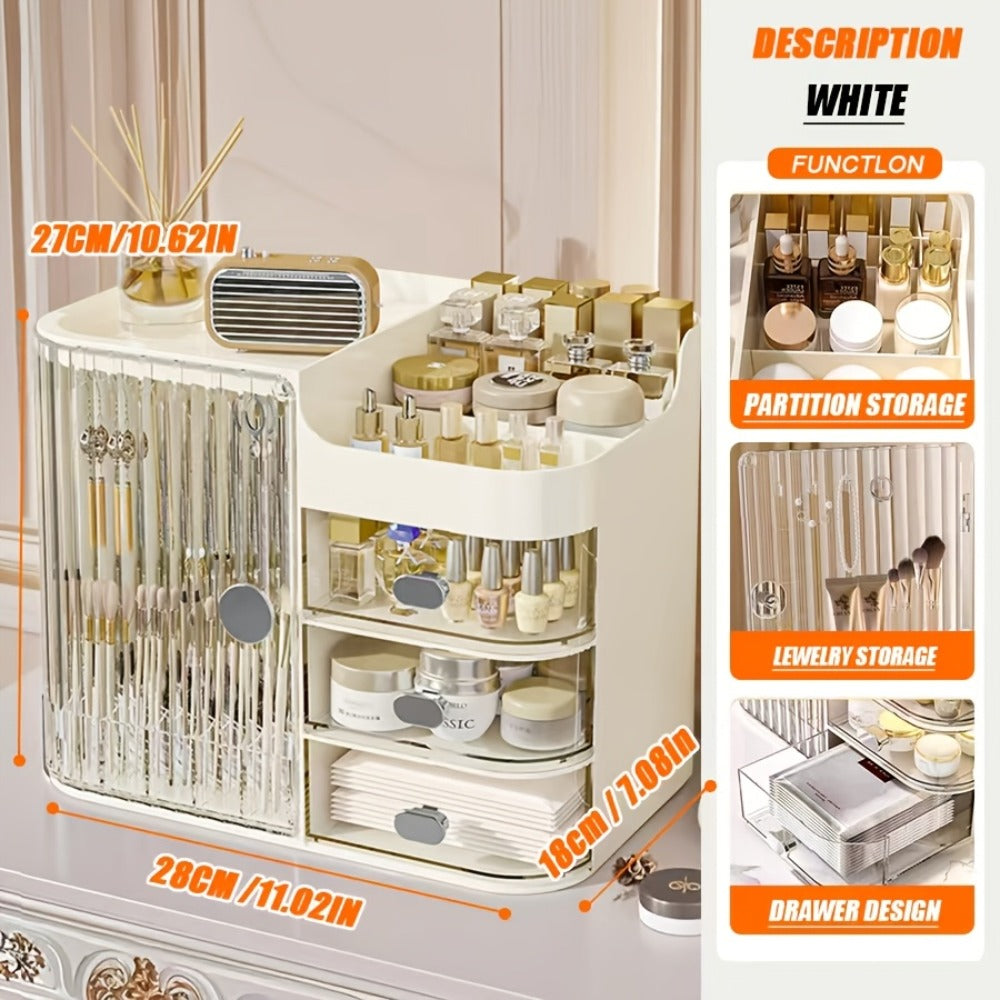 Makeup Organizer with 3 Drawers and Mirror - Large Capacity Cosmetic Storage Box Vanity Organizer for Skincare Contact Lens Display Case Bathroom Counter Organizer | Transparent Black Cream White