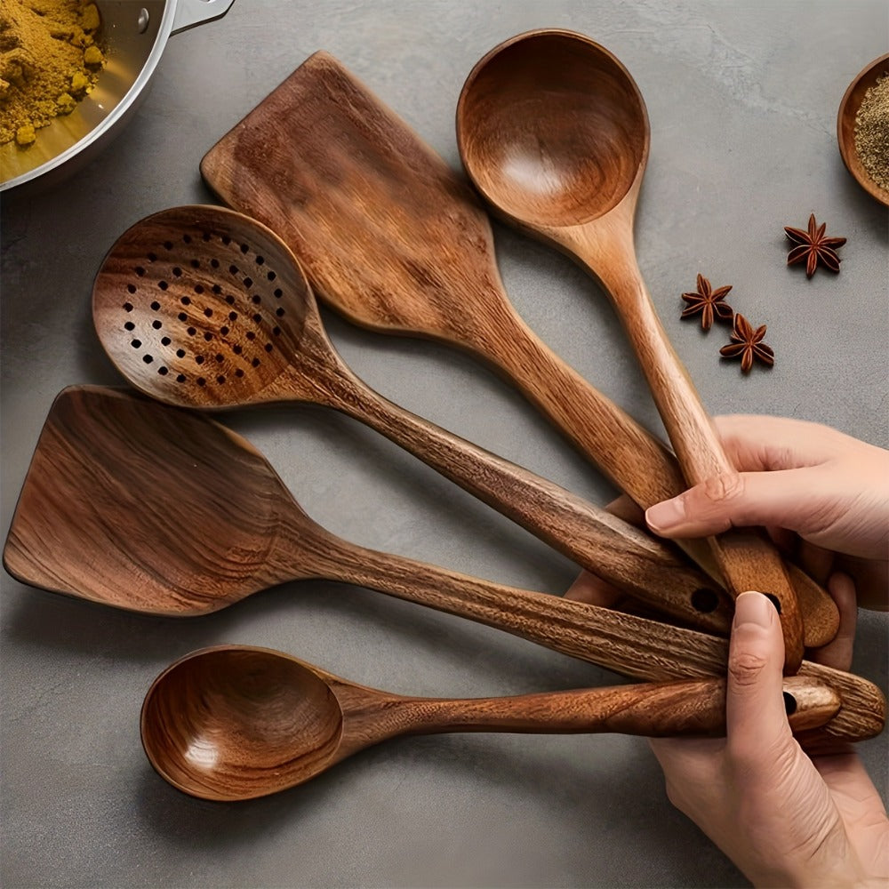 Wooden Kitchen Utensils Set 3/5/7Pcs ¨C Natural Wood Spoons, Spurtle, Ladle & Wok Spatulas for Non-Stick Pans | Heat Resistant, Ergonomic Handle, Easy to Clean
