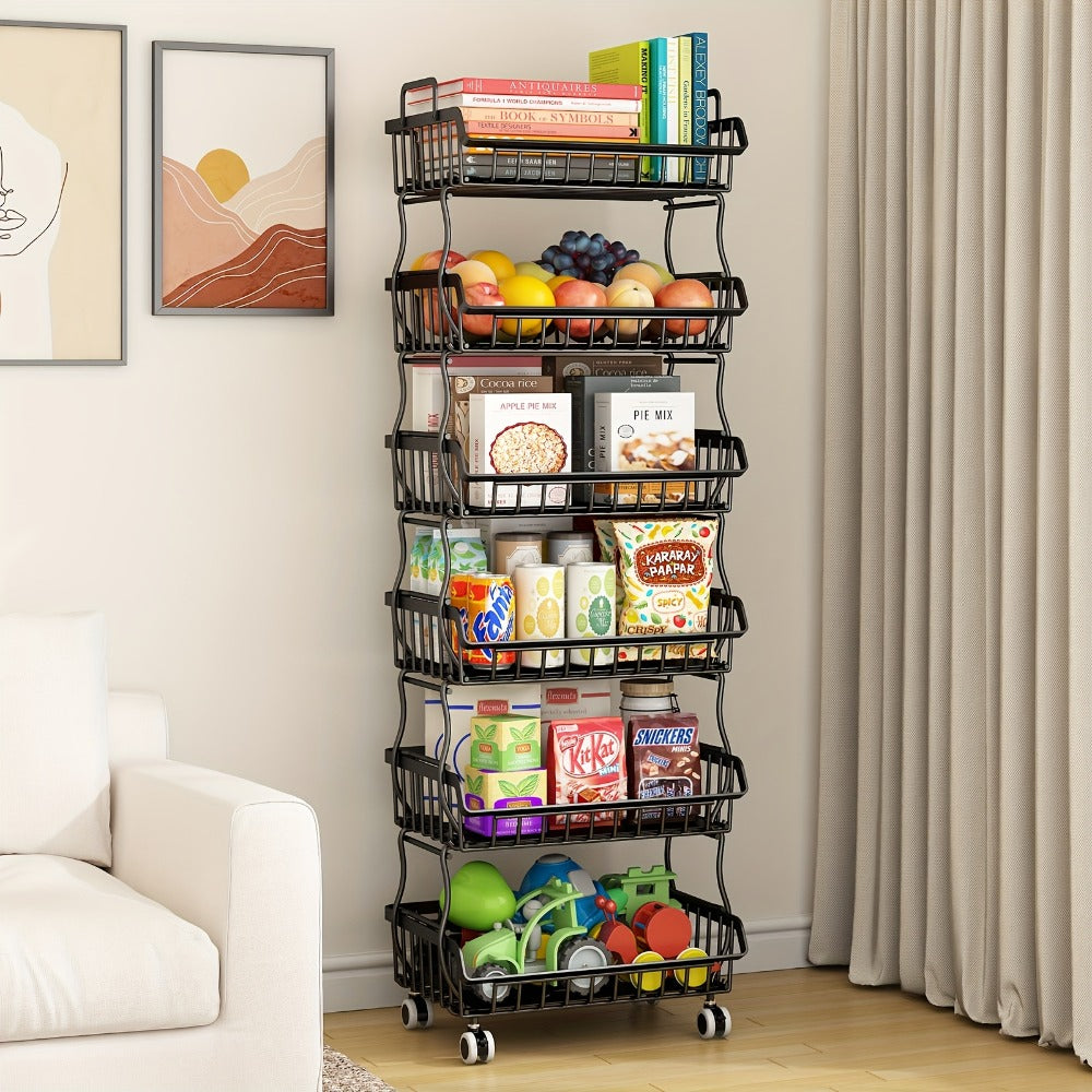 6-Tier Stackable Metal Wire Storage Basket Organizer with Wheels - Rolling Kitchen Pantry Rack for Fruits Vegetables Utensils, Space-Saving Open Shelf