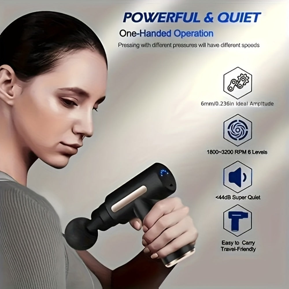 Portable Mini Fascia Gun ¨C USB Rechargeable Muscle Massage Gun with 4 Interchangeable Heads & 6 Speed Modes, Silent Motor Deep Tissue Massager for Back, Neck & Full Body Sports Recovery