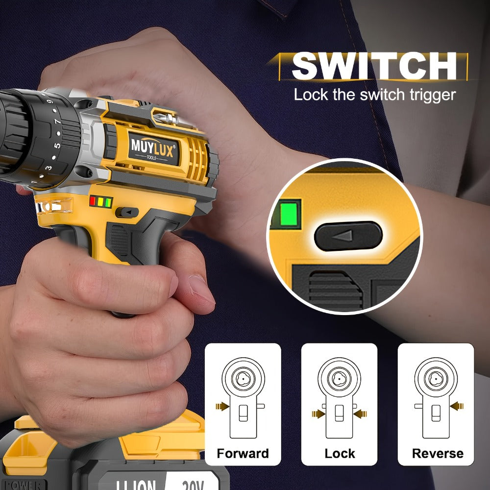 20V Cordless Drill Set Impact Power Drill 3/8 Inch Keyless Chuck 18+3 Clutch 45Nm Max Torque 2-Speed Work Light 2.0Ah Battery Fast Charger 136 148 PCS Kit