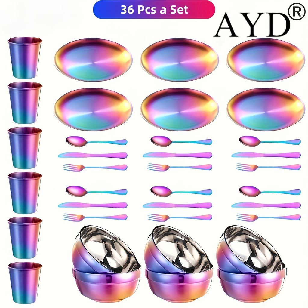Camping Tableware Set Stainless Steel Rainbow Plates Bowls Cups with Forks Spoons Knives Lightweight Outdoor Dinnerware Kit for Family Picnic Backpacking Hiking