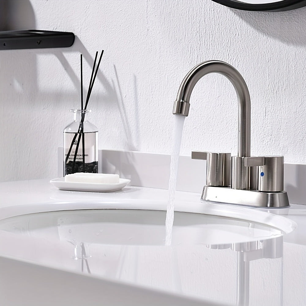 Bathroom Faucet 4-Inch 2-Handle Centerset ¨C 360¡ã Swivel Spout, Pop-Up Drain & Supply Lines Included, 2-3 Hole Vanity Sink Faucet for RV & Home, Brushed Gold, Matte Black, Nickel & Chrome