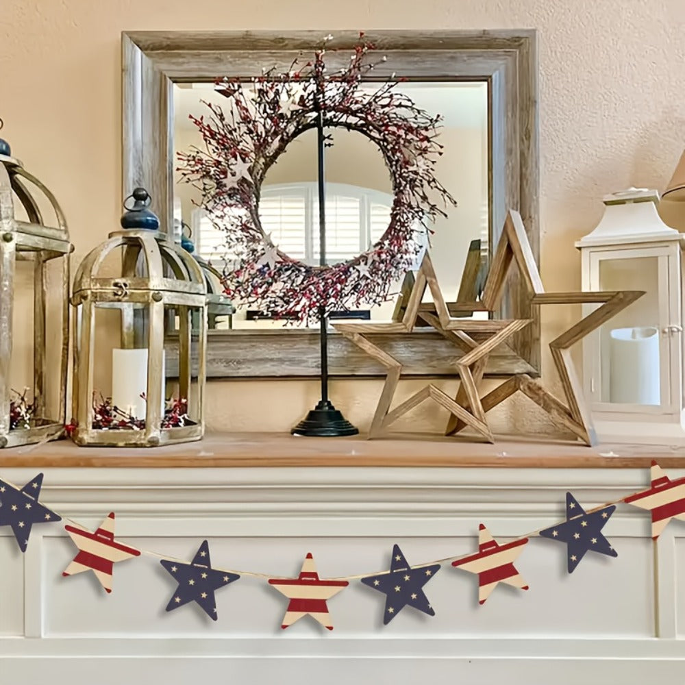 Patriotic Wooden Wreath 4th of July | Red White & Blue Rustic Stars & Flags Decor for Independence Day, Memorial Day & Labor Day - Vintage Wood Wall & Fireplace Mantle Decoration