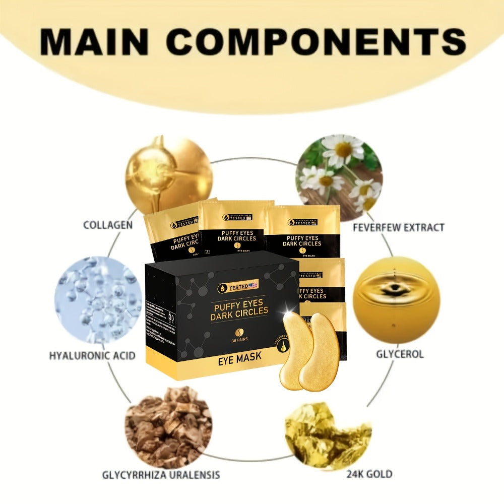 24K Gold Collagen Eye Mask Patches 36 Pairs Under Eye Patches with Collagen Glycerin Moisturizing Hypoallergenic Anti-Dark Circle Puffiness Skincare for Men Women All Skin Types