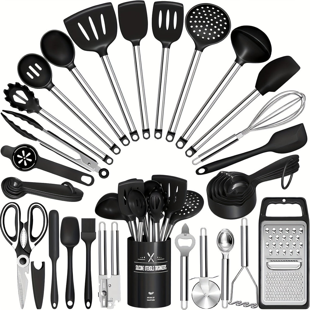 Silicone Cooking Utensils Set 34 Piece with Stainless Steel Handle, Heat Resistant Kitchen Gadgets Tools for Nonstick Cookware, Spatulas Spoons Tongs Whisk Complete Kitchen Accessories Gift Set