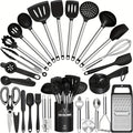 Silicone Cooking Utensils Set 34 Piece with Stainless Steel Handle, Heat Resistant Kitchen Gadgets Tools for Nonstick Cookware, Spatulas Spoons Tongs Whisk Complete Kitchen Accessories Gift Set