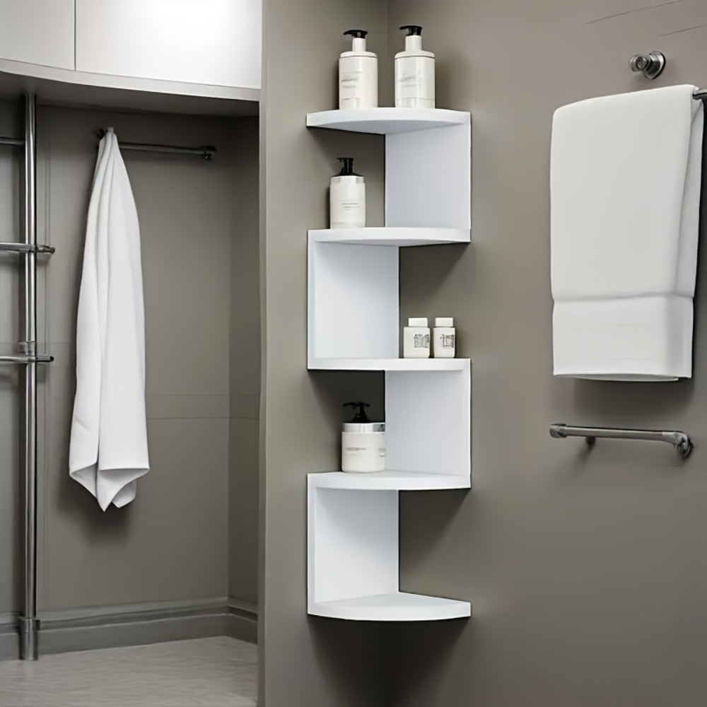 5-Tier Wall-Mounted Corner Shelf ¨C Space-Saving Floating Storage Organizer in White Acrylic for Bathroom, Living Room, Bedroom, Kitchen & Office, Decorative Corner Rack & Versatile Room Organizer