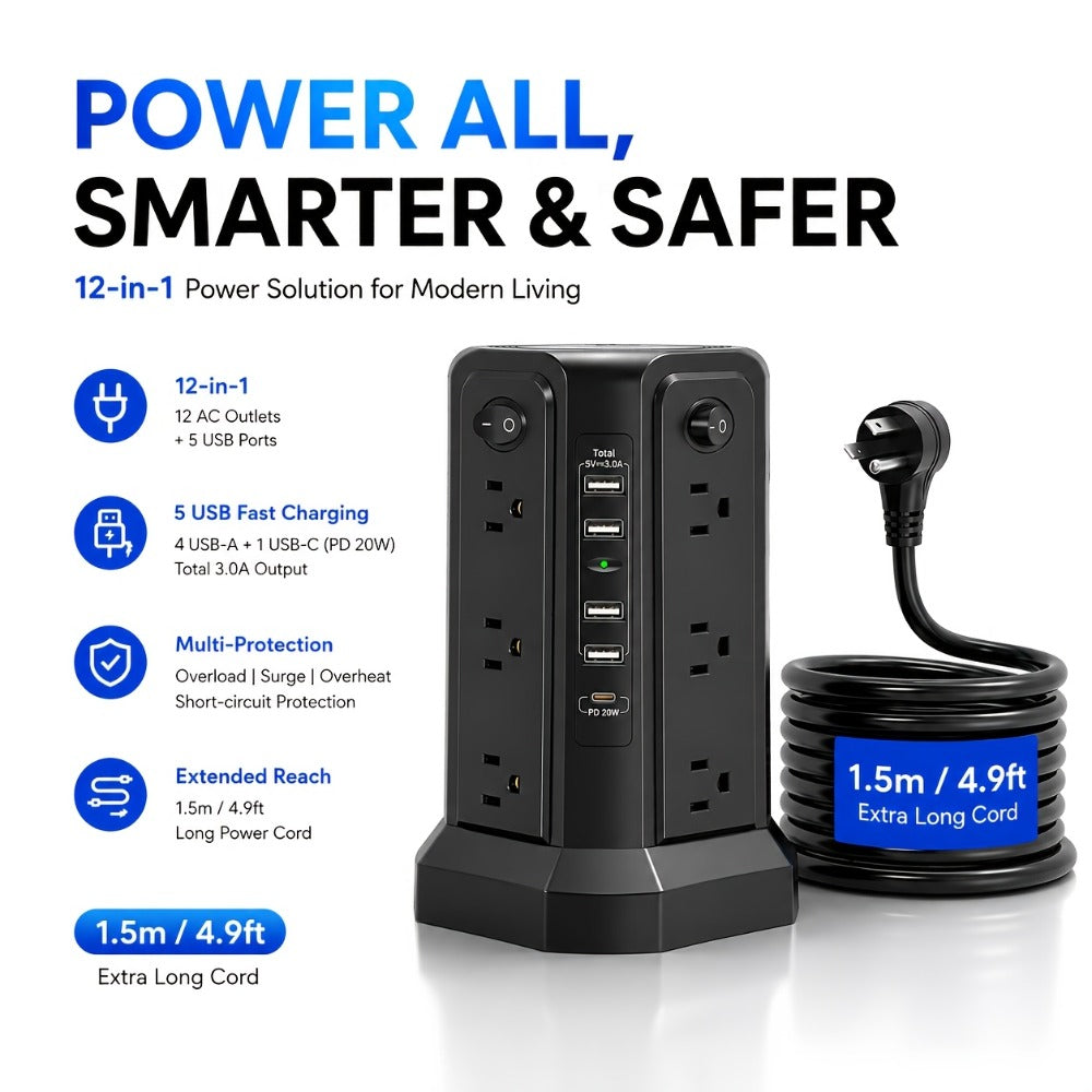 Power Strip Tower Surge Protector 16 AC Outlets 5 USB Ports PD20W USB-C Fast Charging Flat Plug Extension Cord 1500J Overload Protection Desktop Charging Station for Home Office Dorm