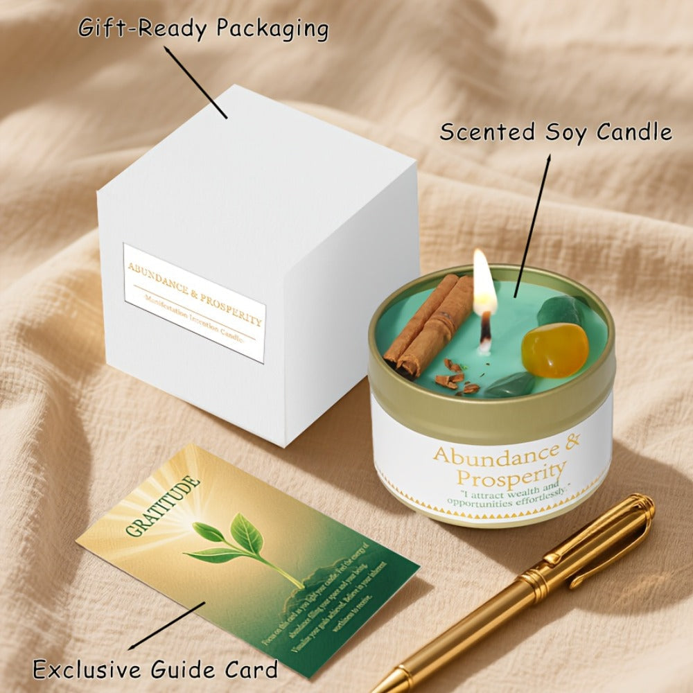 Manifestation Candles Scented Soy Wax with Crystal & Guidance Card for Meditation Yoga Focus | Law of Attraction Abundance Candle | Christmas Birthday Gift for Women