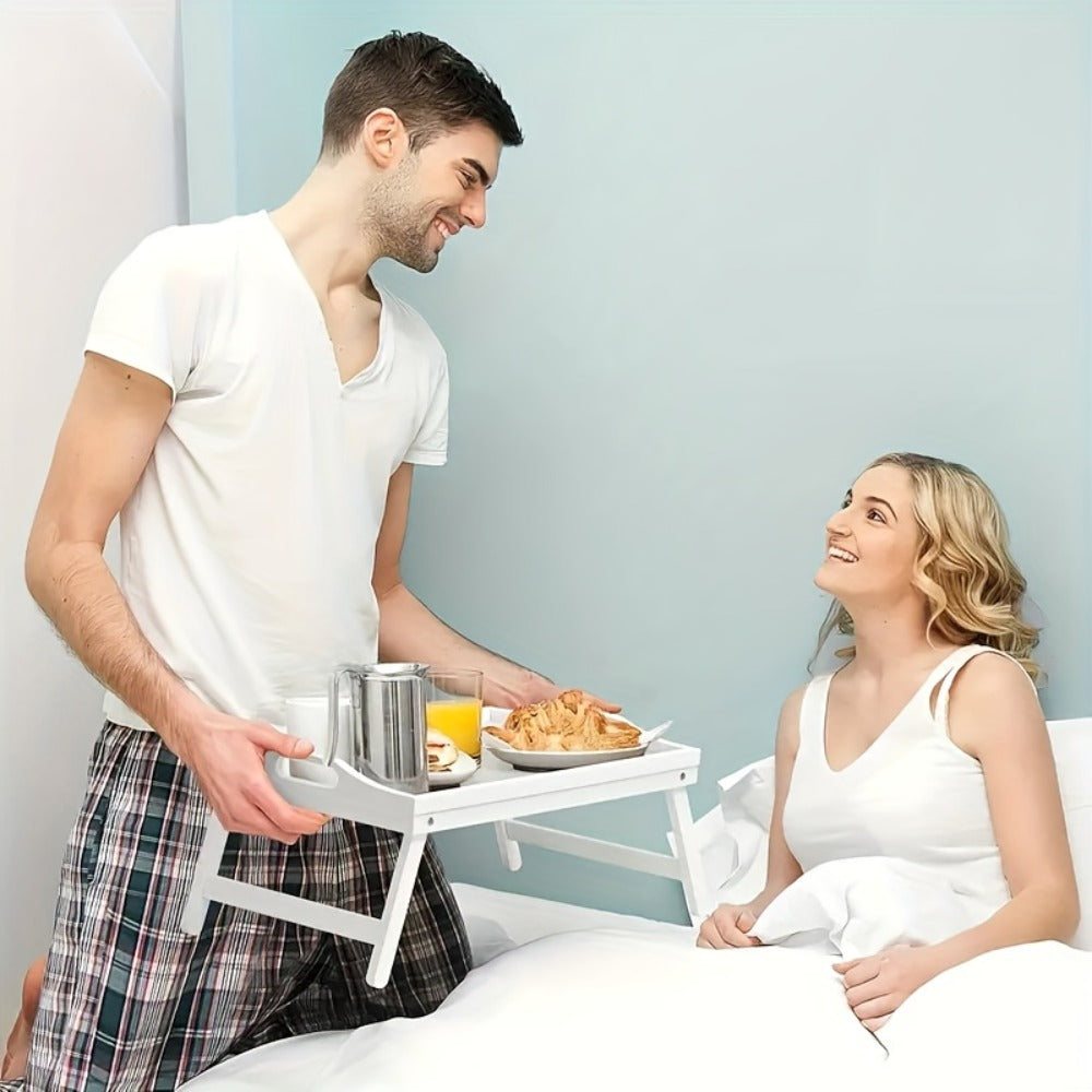 Bamboo Breakfast Tray with Folding Legs & Handles 2 Pack ¨C Extra Wide Foldable Bed Tray Table for Eating, Working & Drawing on Sofa or Bed, Food-Safe Natural Bamboo with 10 Paper Plates