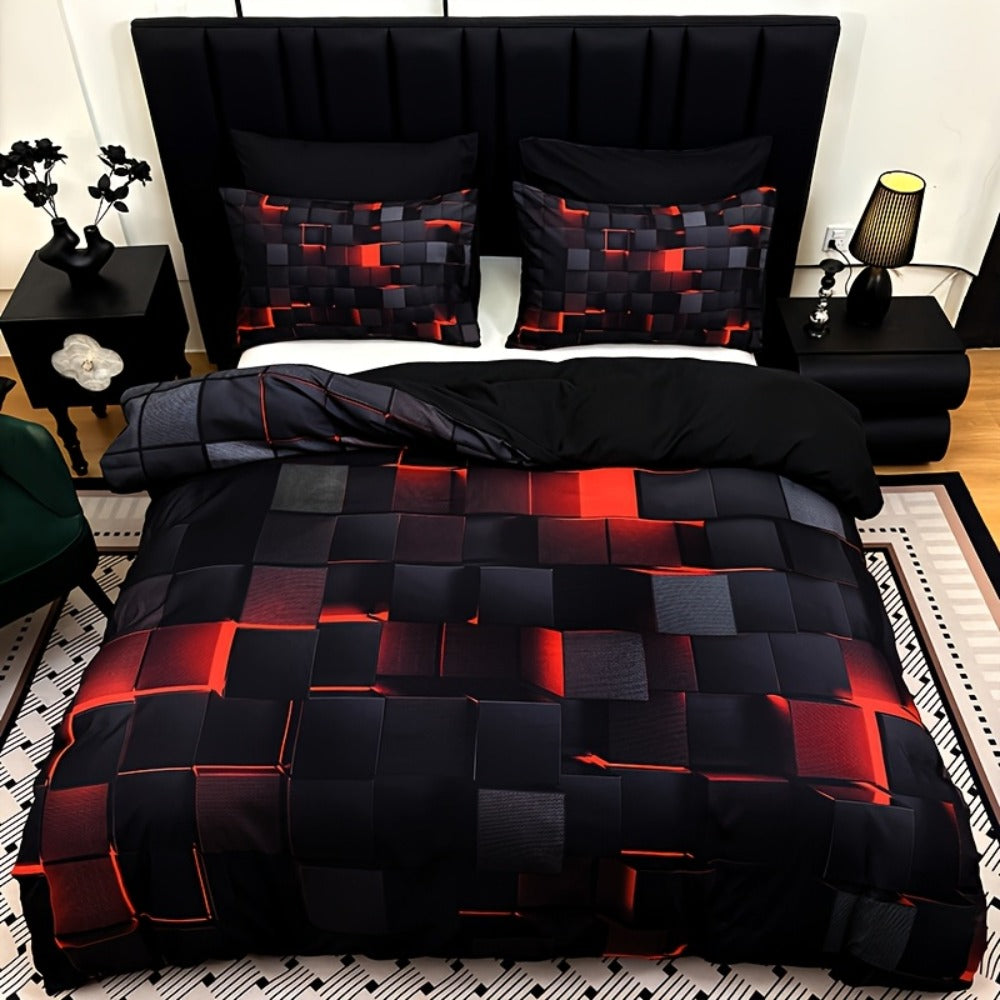 Duvet Cover Set 3 Piece Plaid Digital Print Polyester Bedding All Season Twin Full Queen King Size with Pillowcases Purple Blue Red